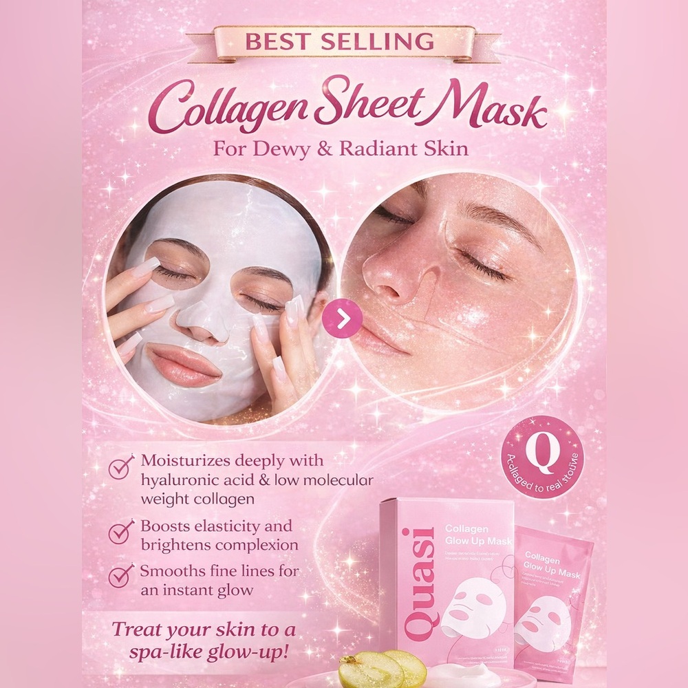 Quasi Collagen Glow Up Sheet Mask Set (3 Pack) Anti-Aging Facial Masks NEW - Picture 4 of 9